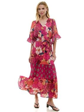 NWT-Figueroa & Flower Flutter Sleeve Tiered Floral Maxi Dress Tie Waist Medium